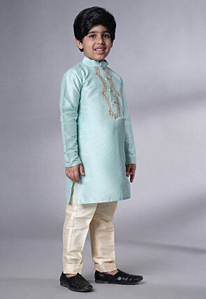 Embroidered Art Silk Kurta Set in Sky Blue