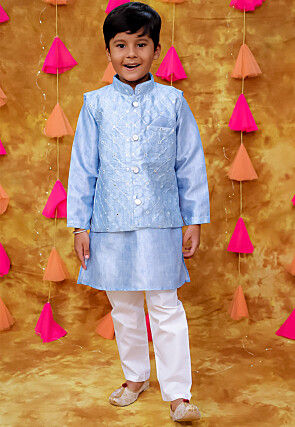 Embroidered Art Silk Kurta Set in Sky Blue
