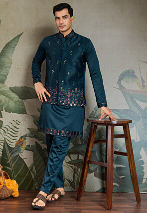 Embroidered Art Silk Kurta Set in Teal Blue