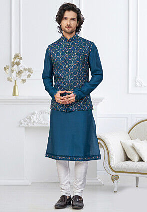 Embroidered Art Silk Kurta Set in Teal Blue