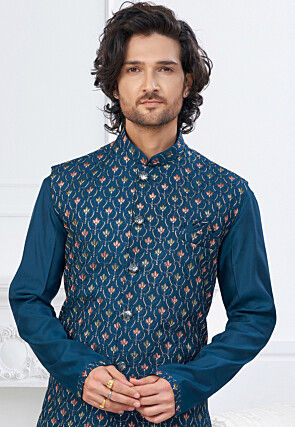 Embroidered Art Silk Kurta Set in Teal Blue