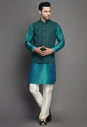 Embroidered Art Silk Kurta Jacket Set in Teal Blue and Dark Green