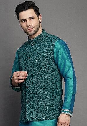 Embroidered Art Silk Kurta Jacket Set in Teal Blue and Dark Green