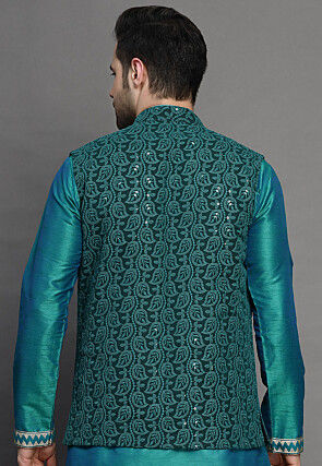 Embroidered Art Silk Kurta Jacket Set in Teal Blue and Dark Green
