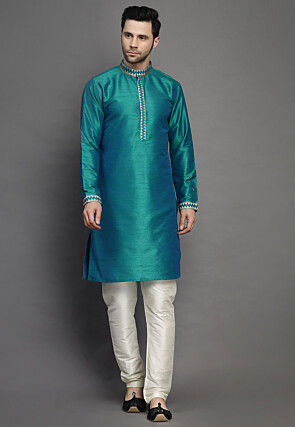 Embroidered Art Silk Kurta Jacket Set in Teal Blue and Dark Green