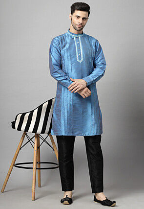 Embroidered Art Silk Kurta Set in Teal Blue
