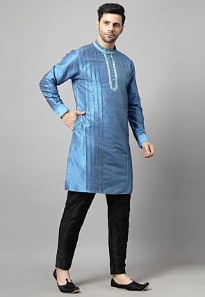 Embroidered Art Silk Kurta Set in Teal Blue