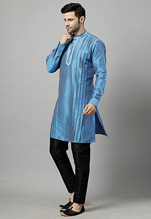 Embroidered Art Silk Kurta Set in Teal Blue