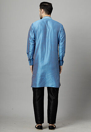 Embroidered Art Silk Kurta Set in Teal Blue