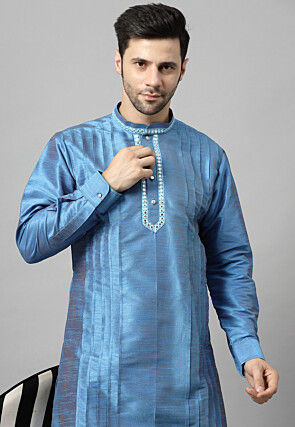 Embroidered Art Silk Kurta Set in Teal Blue