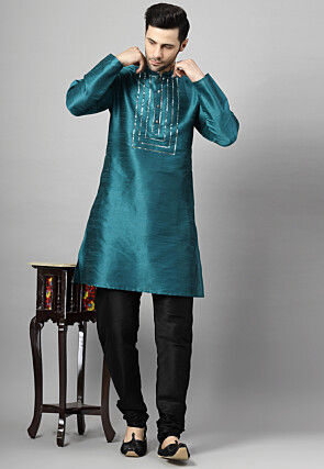 Embroidered Art Silk Kurta Set in Teal Blue
