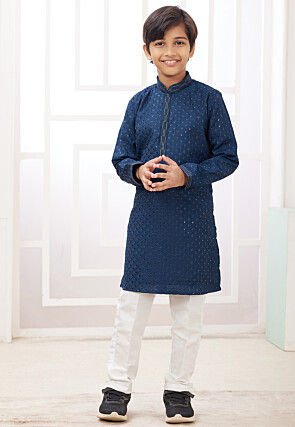 Embroidered Art Silk Kurta Set in Teal Blue