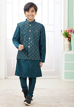 Embroidered Art Silk Kurta Set in Teal Blue