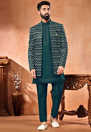 Embroidered Art Silk Kurta Set in Teal Green