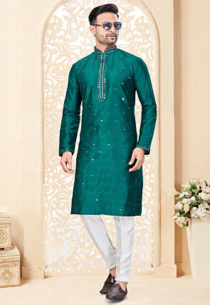 Embroidered Art Silk Kurta Set in Teal Green