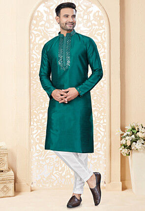 Embroidered Art Silk Kurta Set in Teal Green