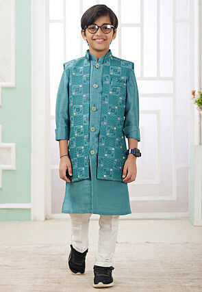 Embroidered Art Silk Kurta Set in Teal Green