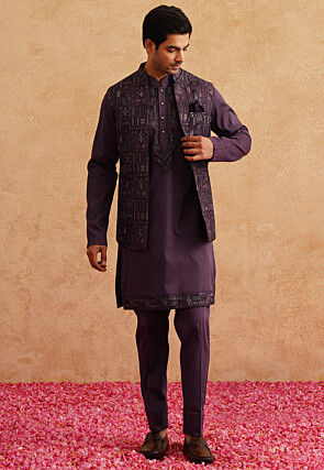 Embroidered Art Silk Kurta Set in Violet
