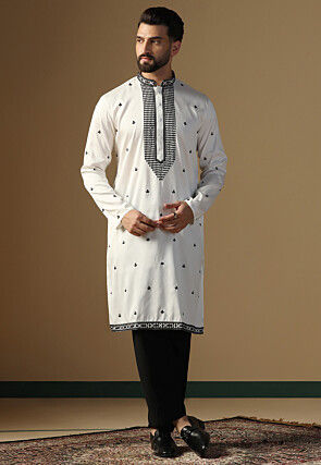 Embroidered Art Silk Kurta Set in White