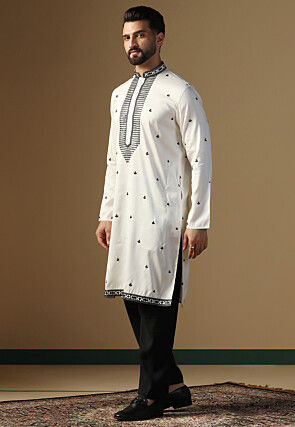 Embroidered Art Silk Kurta Set in White