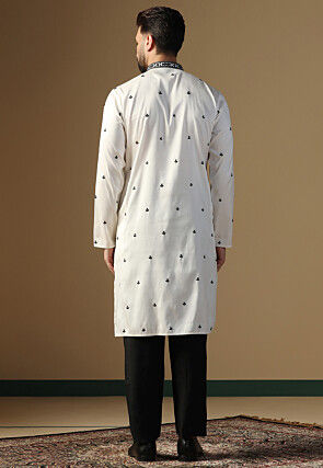 Embroidered Art Silk Kurta Set in White