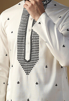 Embroidered Art Silk Kurta Set in White