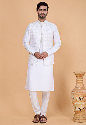 Embroidered Art Silk Kurta Set in White