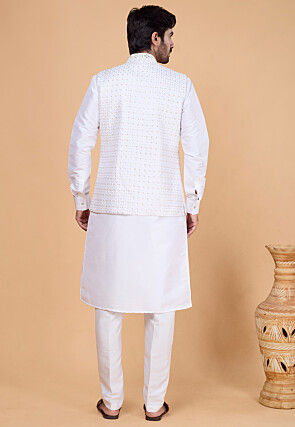 Embroidered Art Silk Kurta Set in White