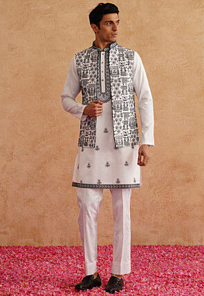 Embroidered Art Silk Kurta Set in White