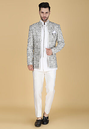 Embroidered Art Silk Kurta Set in White