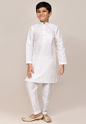 Embroidered Art Silk Kurta Set in White