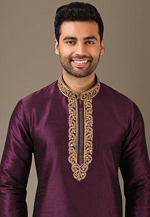 Embroidered Art Silk Kurta in Wine