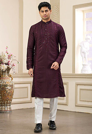 Embroidered Art Silk Kurta Set in Wine