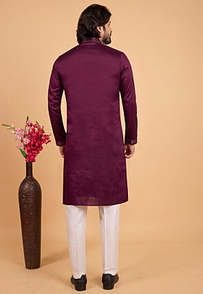 Embroidered Art Silk Kurta Set in Wine