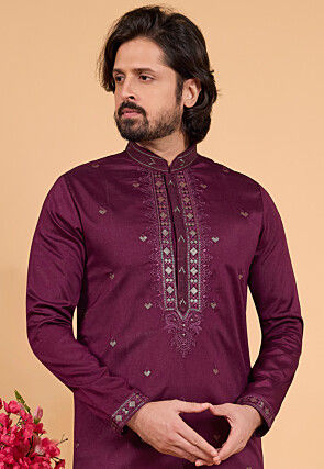 Embroidered Art Silk Kurta Set in Wine