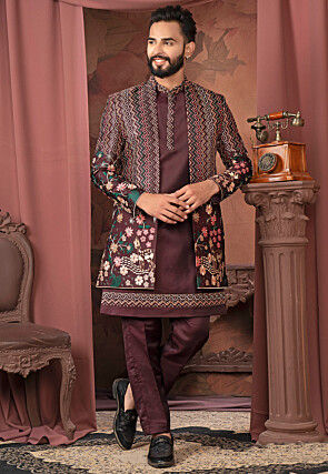 Embroidered Art Silk Kurta Set in Wine