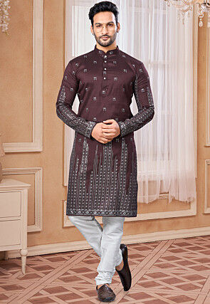 Embroidered Art Silk Kurta Set in Wine