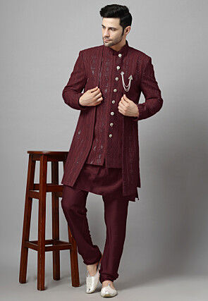 Embroidered Georgette Sherwani in Wine