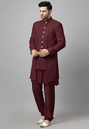 Embroidered Georgette Sherwani in Wine