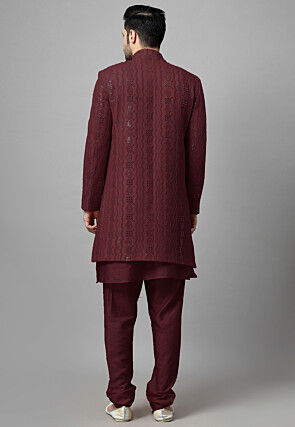Embroidered Georgette Sherwani in Wine