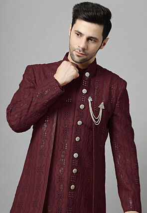 Embroidered Georgette Sherwani in Wine