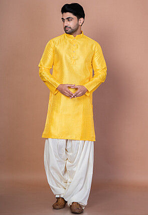 Embroidered Art Silk Kurta Set in Yellow
