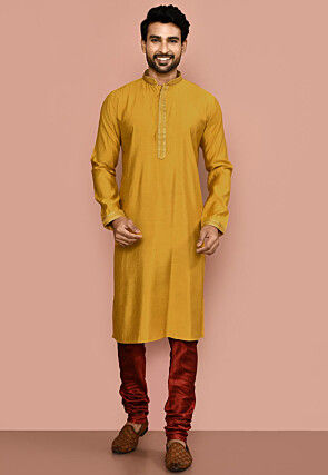 Embroidered Art Silk Kurta Set in Yellow