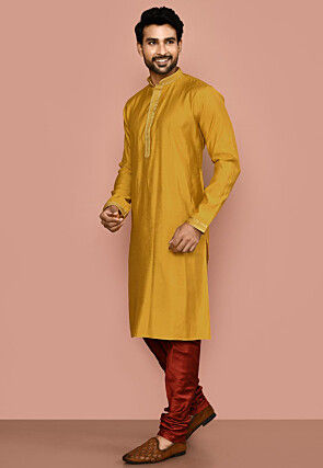Embroidered Art Silk Kurta Set in Yellow