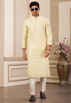 Embroidered Art Silk Kurta Set in Yellow