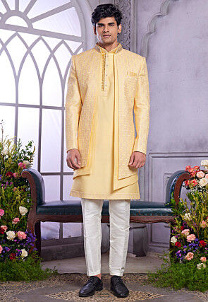 Embroidered Art Silk Kurta Set in Yellow