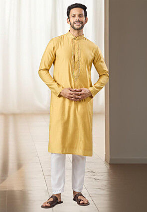 Embroidered Art Silk Kurta Set in Yellow