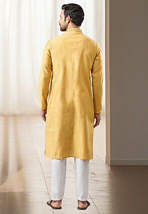 Embroidered Art Silk Kurta Set in Yellow