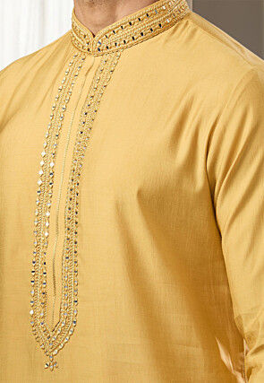 Embroidered Art Silk Kurta Set in Yellow