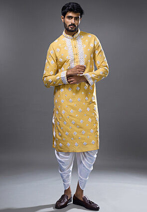 Embroidered Art Silk Kurta Set in Yellow